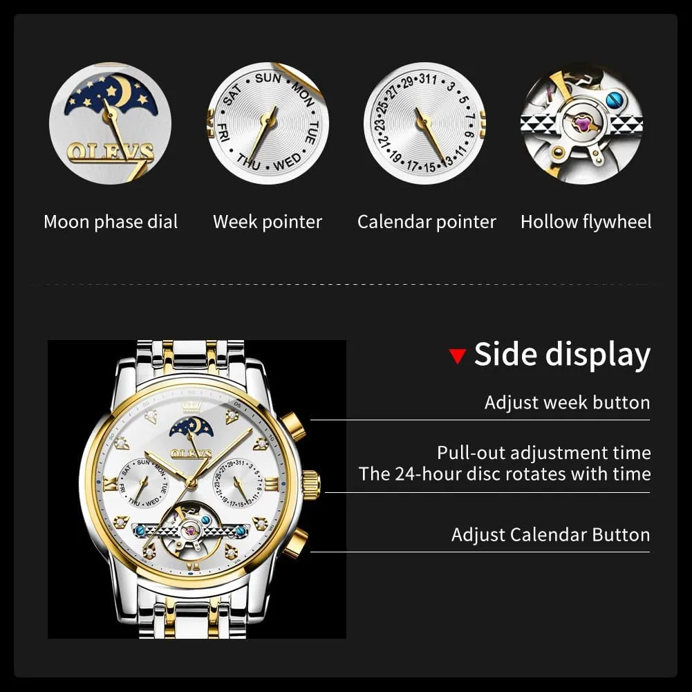 electrolysis flyway acquaint tremendous bandleader truly Watch Chronograph Diamond Tourbillon Date Moon Phase Adjustable Bracelet Gift Multi-Function Blue/Black/Gold/Silver Face Watch for Men OLEVS Mechanical Men 