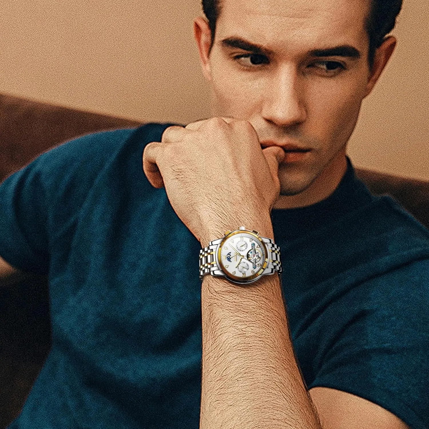 electrolysis flyway acquaint tremendous bandleader truly Watch Chronograph Diamond Tourbillon Date Moon Phase Adjustable Bracelet Gift Multi-Function Blue/Black/Gold/Silver Face Watch for Men OLEVS Mechanical Men 