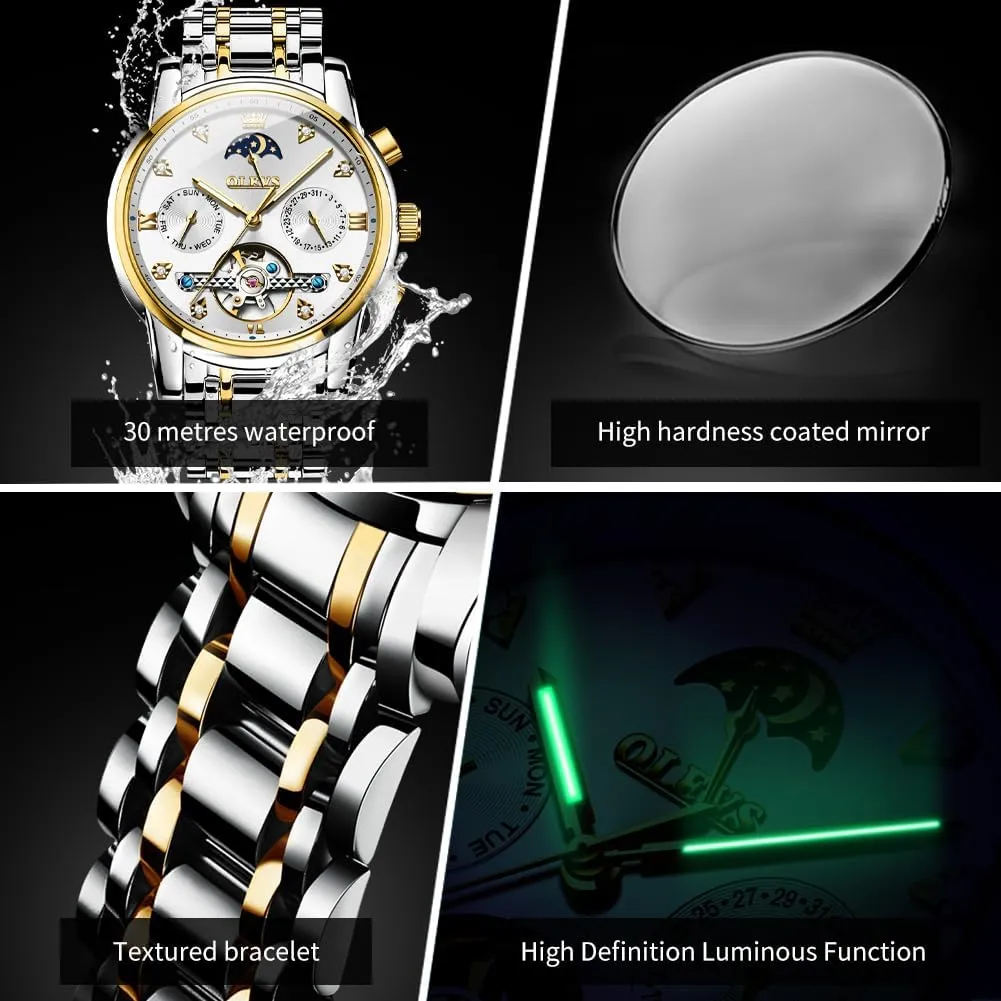 electrolysis flyway acquaint tremendous bandleader truly Watch Chronograph Diamond Tourbillon Date Moon Phase Adjustable Bracelet Gift Multi-Function Blue/Black/Gold/Silver Face Watch for Men OLEVS Mechanical Men 