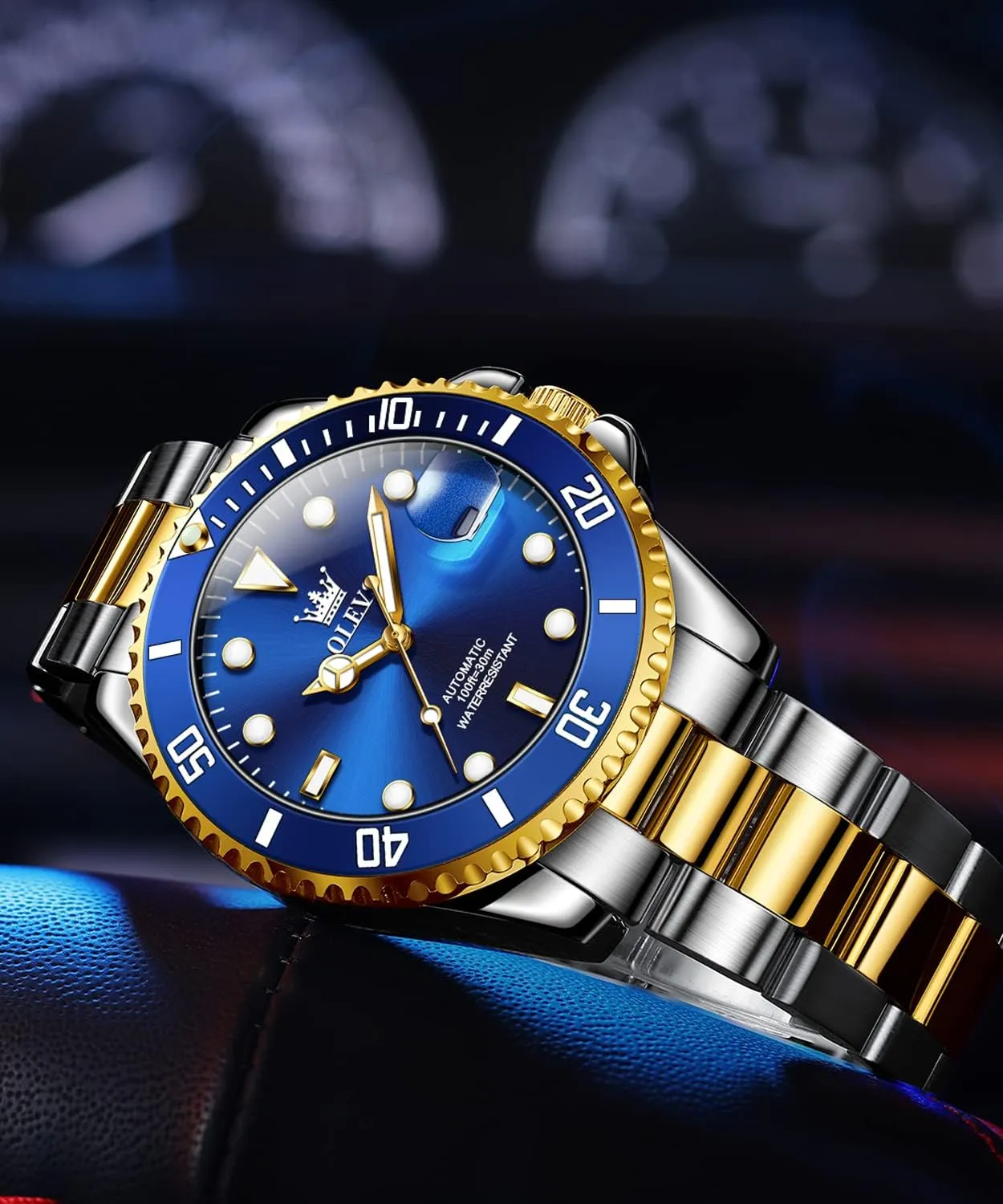 Face No Battery Dress Reloj de Hombres Date Waterproof Rotating Bezel Luminous OLEVS Men's Automatic Watches,Self Winding Watches Mechanical for Men,Gold Silver Stainless Steel metric Men Watch,Luxury Big 