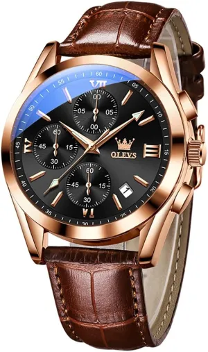 Fashion boomer Casual Analog Quartz Watch Waterproof, Dress Luminous Wrist Watches with Leather Strap for Men Black/Brown/White/Blue Dial (brownbandrosecaseblackdial) OLEVS Mens Watches-Chronograph 