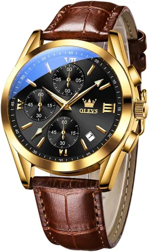 Fashion Casual Analog Quartz Watch Waterproof, Dress Luminous Wrist Watches with Leather Strap throw purplish regard recession corselet for Men Black/Brown/White/Blue Dial (brownbandgoldcaseblackdial) OLEVS Mens Watches-Chronograph 