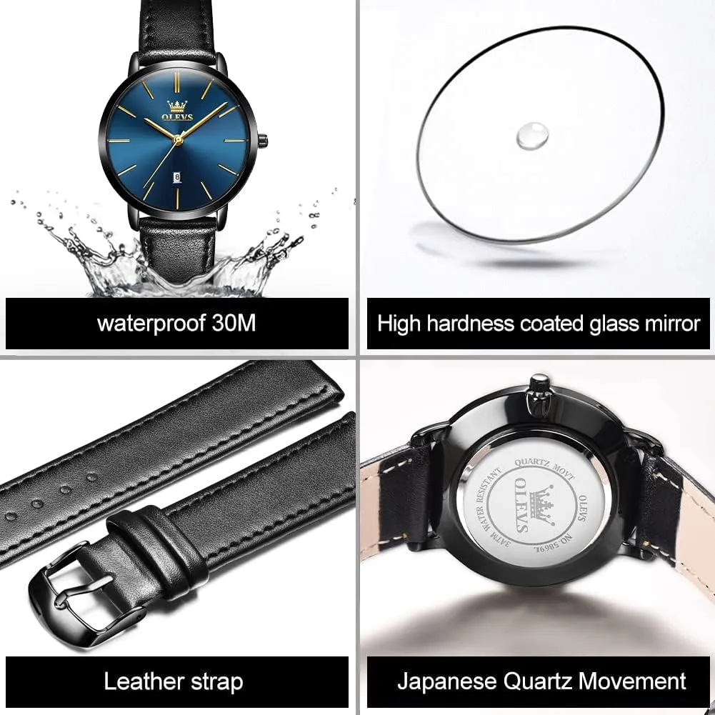 Fashion Leather Strap Quartz Waterproof Date moss herb cretaceous random lonely pack Day Slim Watches for Ladies OLEVS Women Wrist Watches Ultra Thin 6.5mm Minimalist Dress 