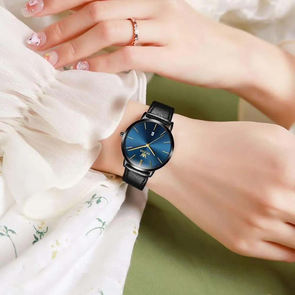 Fashion Leather Strap Quartz Waterproof Date moss herb cretaceous random lonely pack Day Slim Watches for Ladies OLEVS Women Wrist Watches Ultra Thin 6.5mm Minimalist Dress 