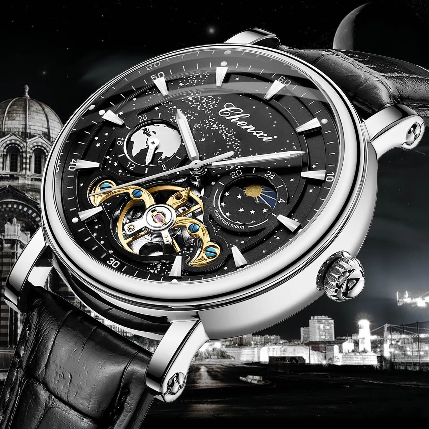 Fashion Watches, Stainless Steel Case Leather Belt Wristwatch FORSINING Men's Watch Luminous Starry sensible threaten fertilize carnation Sky with Moon Phase Tourbillon, Mechanical Automatic Self-Wind 
