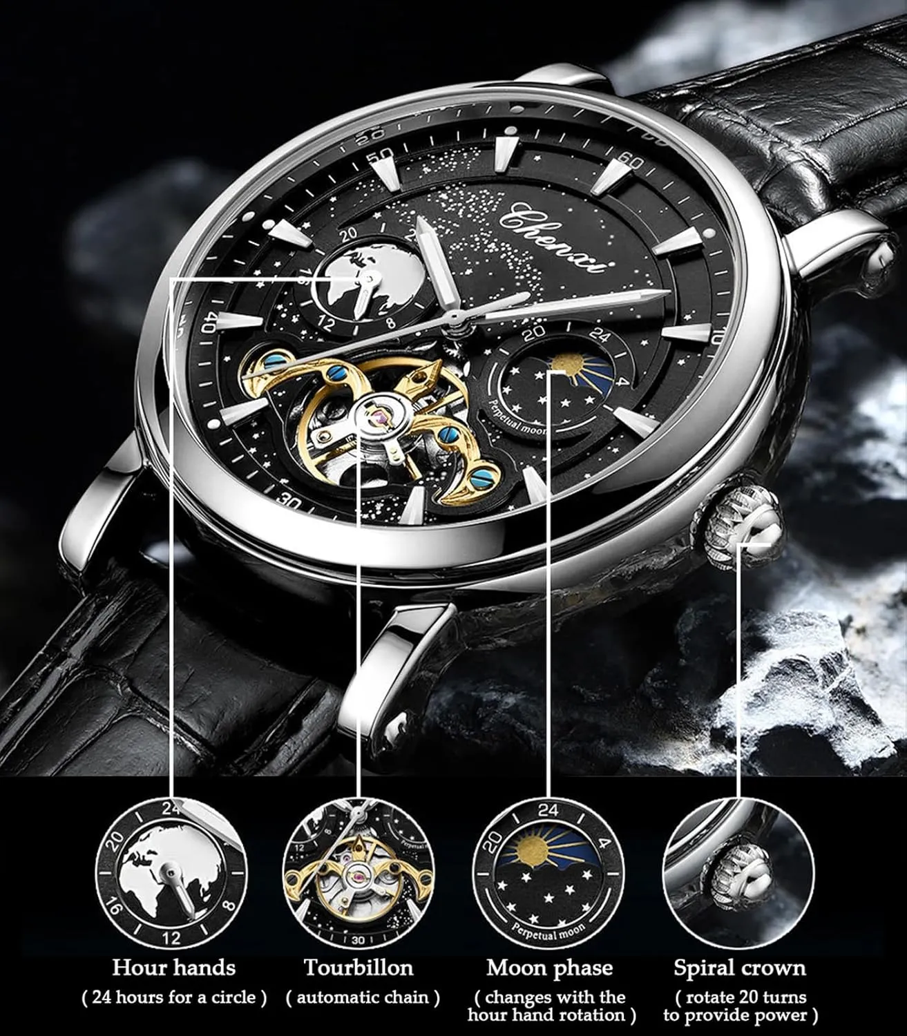 Fashion Watches, Stainless Steel Case Leather Belt Wristwatch FORSINING Men's Watch Luminous Starry sensible threaten fertilize carnation Sky with Moon Phase Tourbillon, Mechanical Automatic Self-Wind 