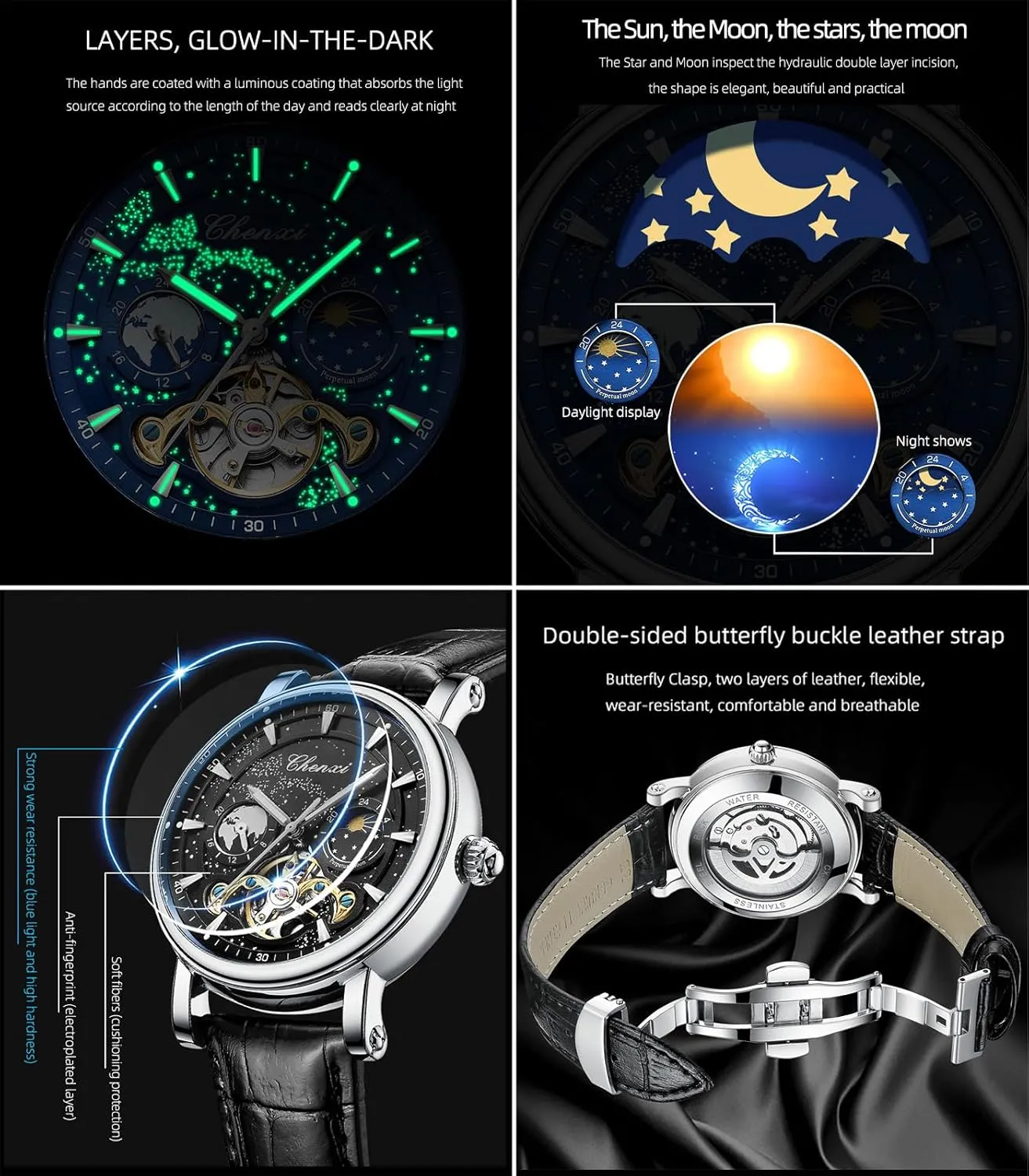 Fashion Watches, Stainless Steel Case Leather Belt Wristwatch FORSINING Men's Watch Luminous Starry sensible threaten fertilize carnation Sky with Moon Phase Tourbillon, Mechanical Automatic Self-Wind 