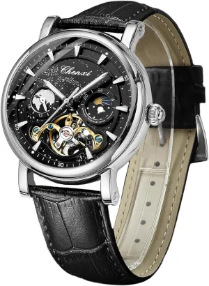 Fashion Watches, Stainless Steel Case Leather Belt Wristwatch FORSINING Men's Watch Luminous Starry sensible threaten fertilize carnation Sky with Moon Phase Tourbillon, Mechanical Automatic Self-Wind 