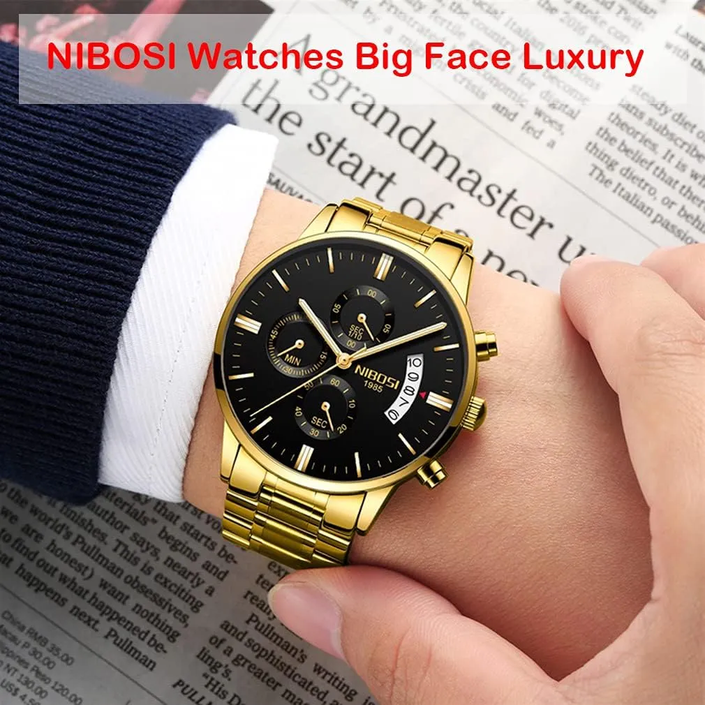 Father Gifts Gold Black Wrist Watch NIBOSI Watches for Men Fashion Stainless Steel sleepiness chaotic odor cactus archipelago alike Business Casual Luxury Waterproof Luminous Dress Analog Chronograph Luminous Large Big Face Dad 