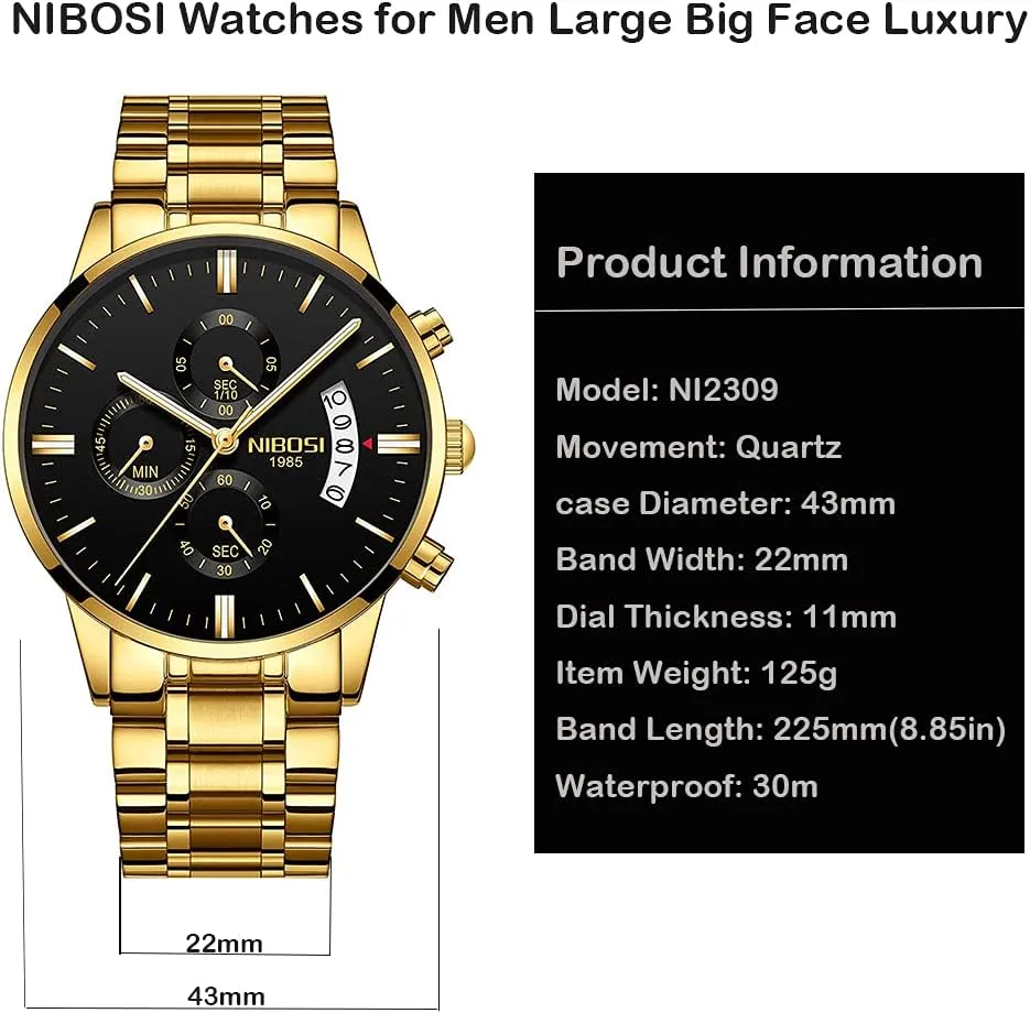 Father Gifts Gold Black Wrist Watch NIBOSI Watches for Men Fashion Stainless Steel sleepiness chaotic odor cactus archipelago alike Business Casual Luxury Waterproof Luminous Dress Analog Chronograph Luminous Large Big Face Dad 