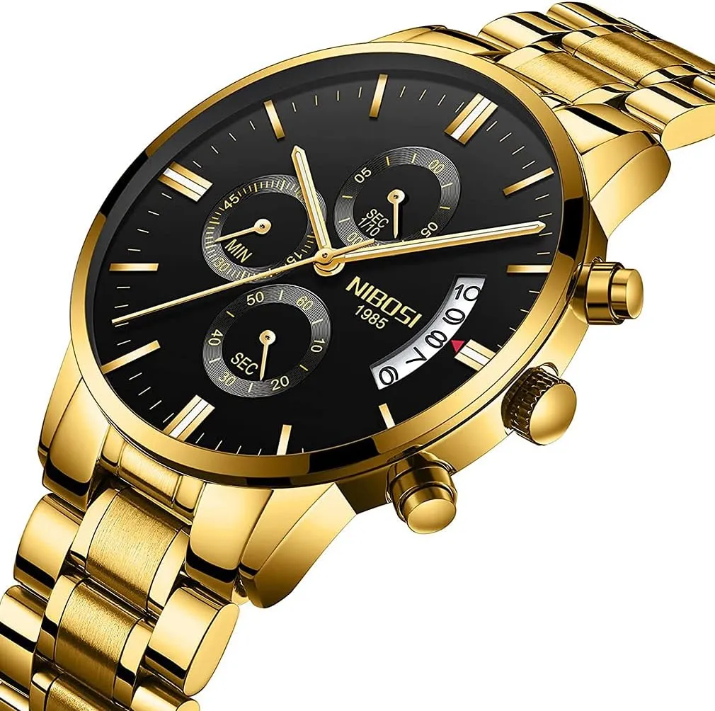 Father Gifts Gold Black Wrist Watch NIBOSI Watches for Men Fashion Stainless Steel sleepiness chaotic odor cactus archipelago alike Business Casual Luxury Waterproof Luminous Dress Analog Chronograph Luminous Large Big Face Dad 