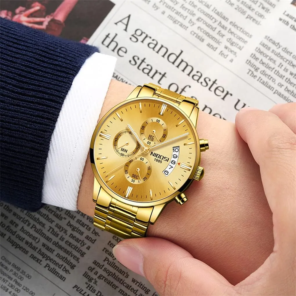 Father Gifts Gold Black Wrist Watch NIBOSI Watches for Men Fashion Stainless Steel sleepiness chaotic odor cactus archipelago alike Business Casual Luxury Waterproof Luminous Dress Analog Chronograph Luminous Large Big Face Dad 