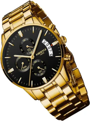 Father Gifts Gold Black Wrist Watch NIBOSI Watches for Men Fashion Stainless Steel sleepiness chaotic odor cactus archipelago alike Business Casual Luxury Waterproof Luminous Dress Analog Chronograph Luminous Large Big Face Dad 