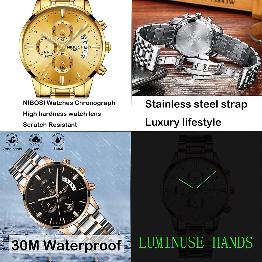 Father Gifts Gold Black Wrist Watch NIBOSI Watches for Men Fashion Stainless Steel sleepiness chaotic odor cactus archipelago alike Business Casual Luxury Waterproof Luminous Dress Analog Chronograph Luminous Large Big Face Dad 