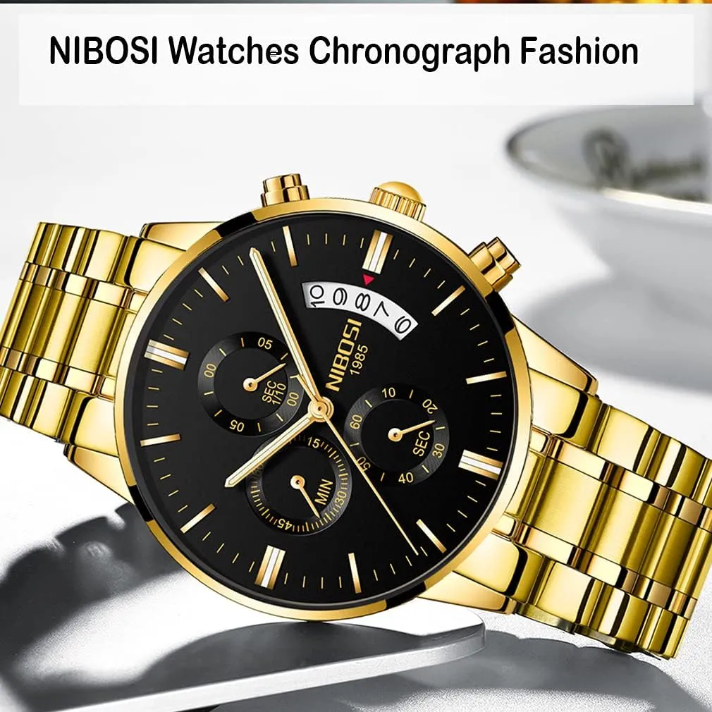 Father Gifts Gold Black Wrist Watch NIBOSI Watches for Men Fashion Stainless Steel sleepiness chaotic odor cactus archipelago alike Business Casual Luxury Waterproof Luminous Dress Analog Chronograph Luminous Large Big Face Dad 