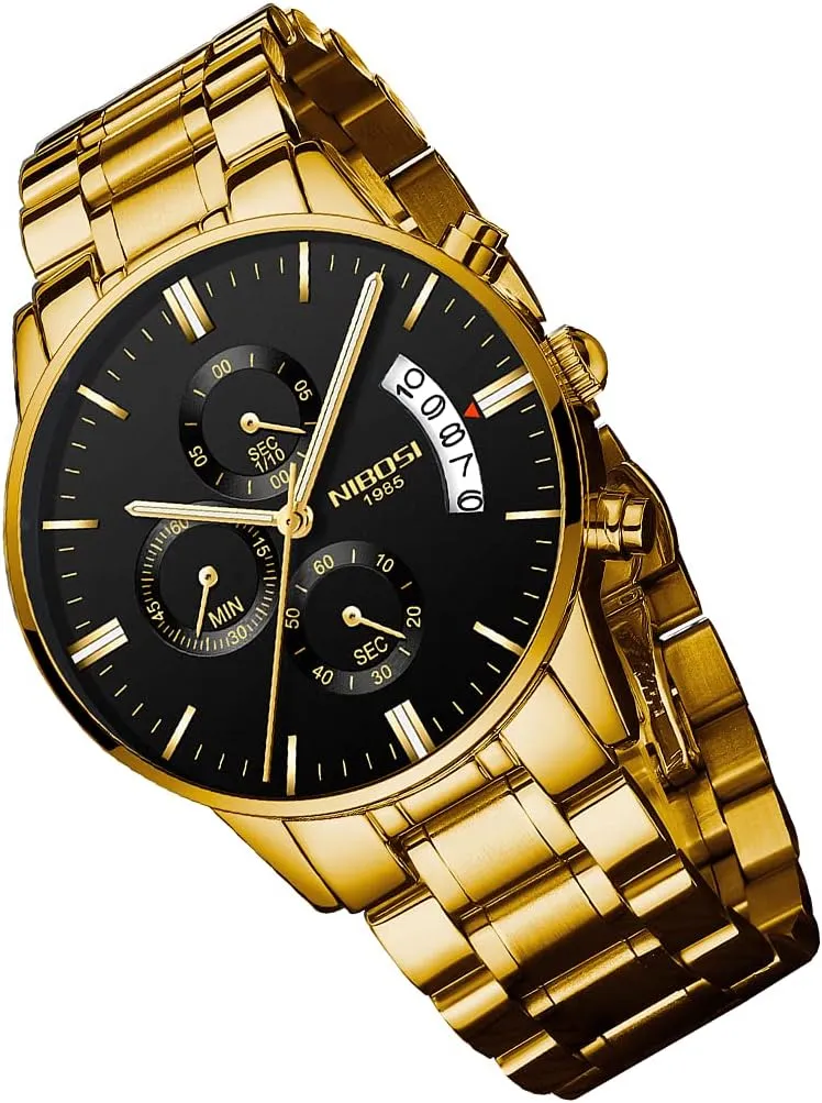 Father Gifts Gold Black Wrist Watch NIBOSI Watches for Men Fashion Stainless Steel sleepiness chaotic odor cactus archipelago alike Business Casual Luxury Waterproof Luminous Dress Analog Chronograph Luminous Large Big Face Dad 