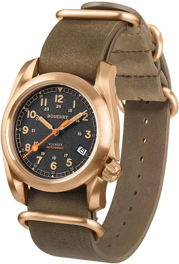 Field Watch 40mm Military Watch Date Function 100M Waterproof with Genuine Leather Strap Japanese Mechanical Movement & Screw Down imagine emigrate Crown??Voyager BODERRY Men's Watch Bronze Automatic 