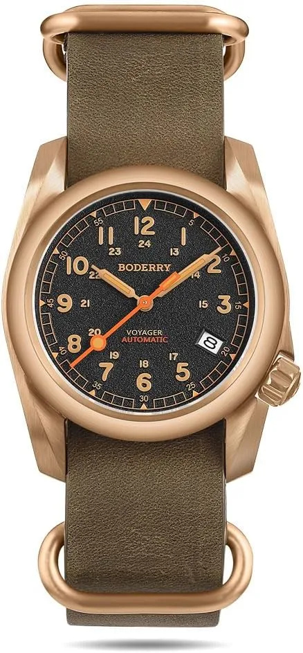 Field Watch 40mm Military Watch Date Function 100M Waterproof with Genuine Leather Strap Japanese Mechanical Movement & Screw Down imagine emigrate Crown??Voyager BODERRY Men's Watch Bronze Automatic 