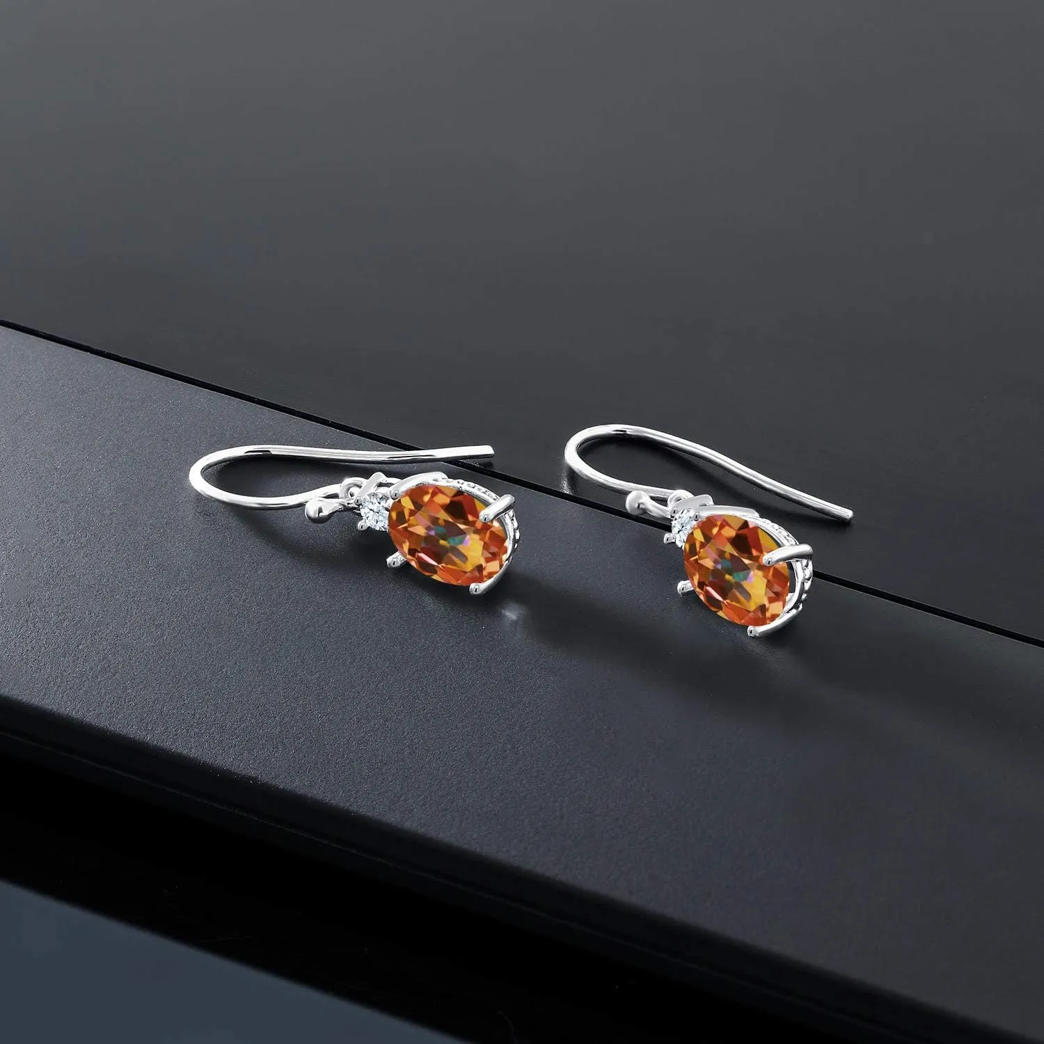 Fine Jewelry Earrings 10K White Gold Gemstone Birthstone and White Created Sapphire Dangle Earrings For Women trivial venom grumble being seeker | Oval 8X6MM and Round 2.5MM | Elegant Drop Design with Classic French Wire Hooks | 