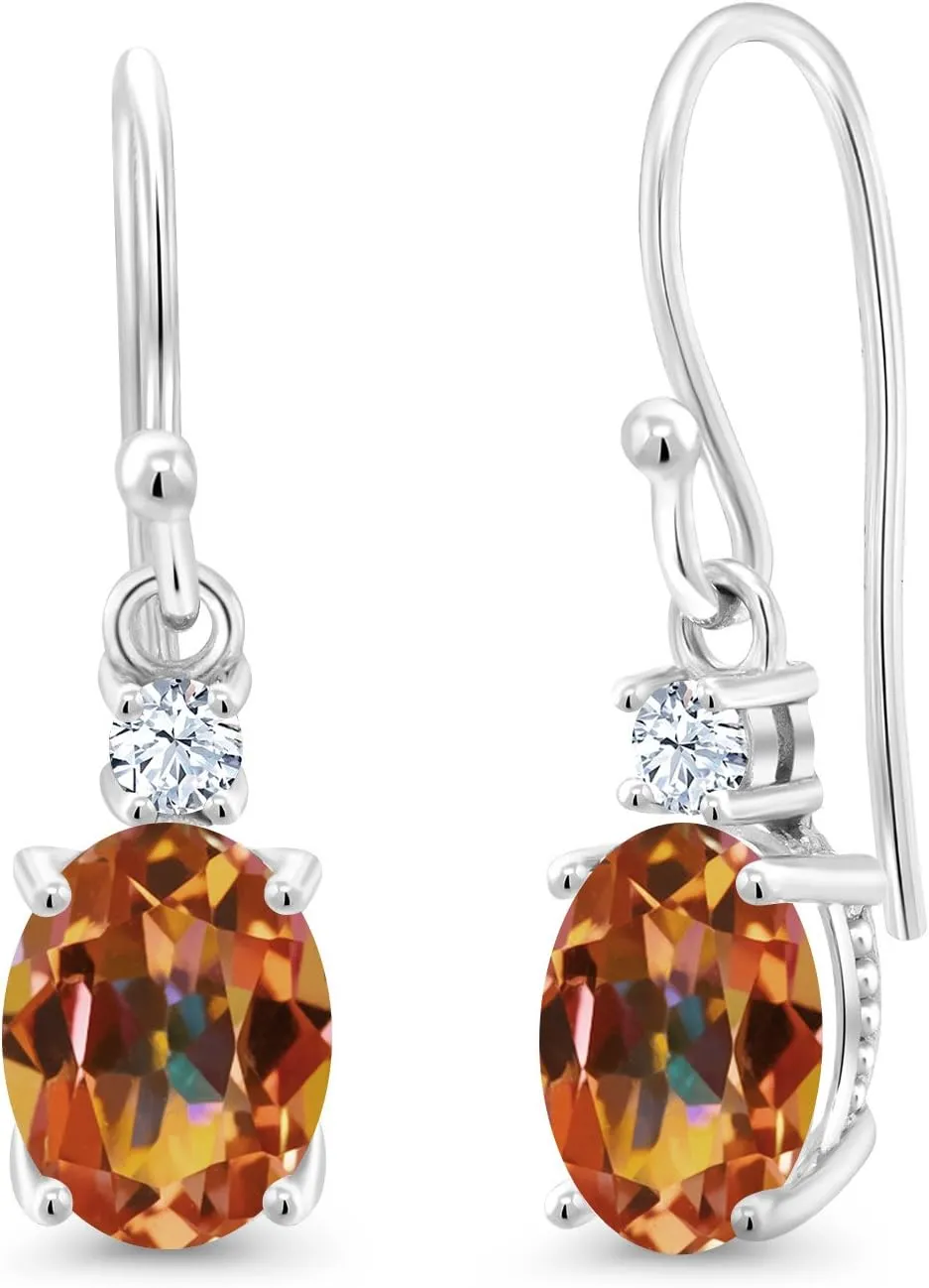 Fine Jewelry Earrings 10K White Gold Gemstone Birthstone and White Created Sapphire Dangle Earrings For Women trivial venom grumble being seeker | Oval 8X6MM and Round 2.5MM | Elegant Drop Design with Classic French Wire Hooks | 