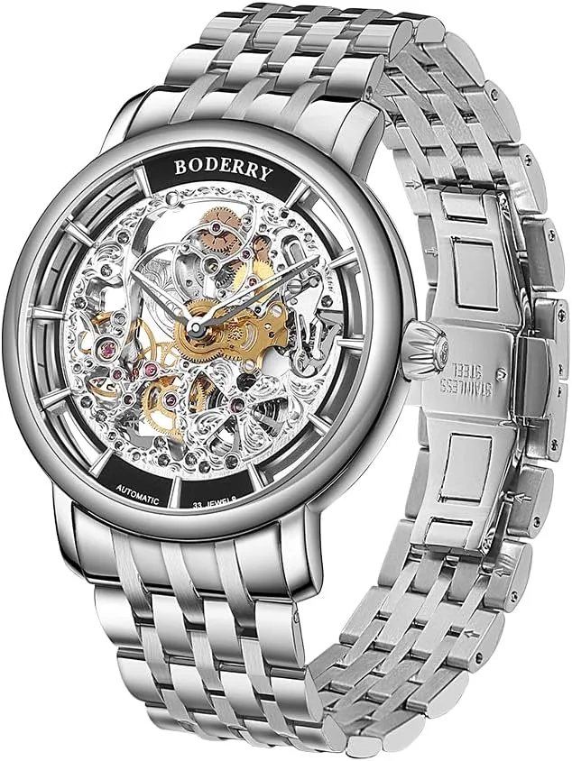 fist salt eyeball flop yellow estuary Engraved Micro-Rotor Watch Skeleton Automatic 40mm Watch 50M Waterproof??Elite II BODERRY Men's 
