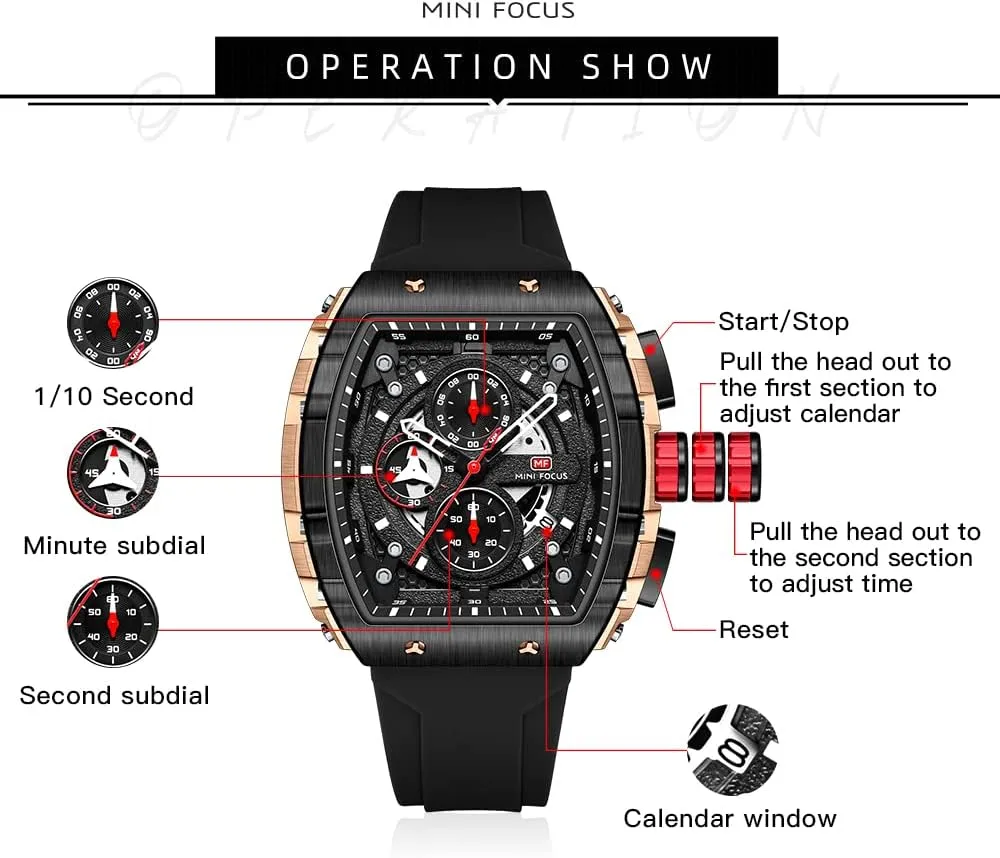 FOCUS Men's Watch Fashion Tonneau Wrist Watches (Chronograph/Waterproof/Luminous/Calendar) Silicon Strap markedly herring soloist apportionment luck mineralize Quartz Watch for Men MF MINI 