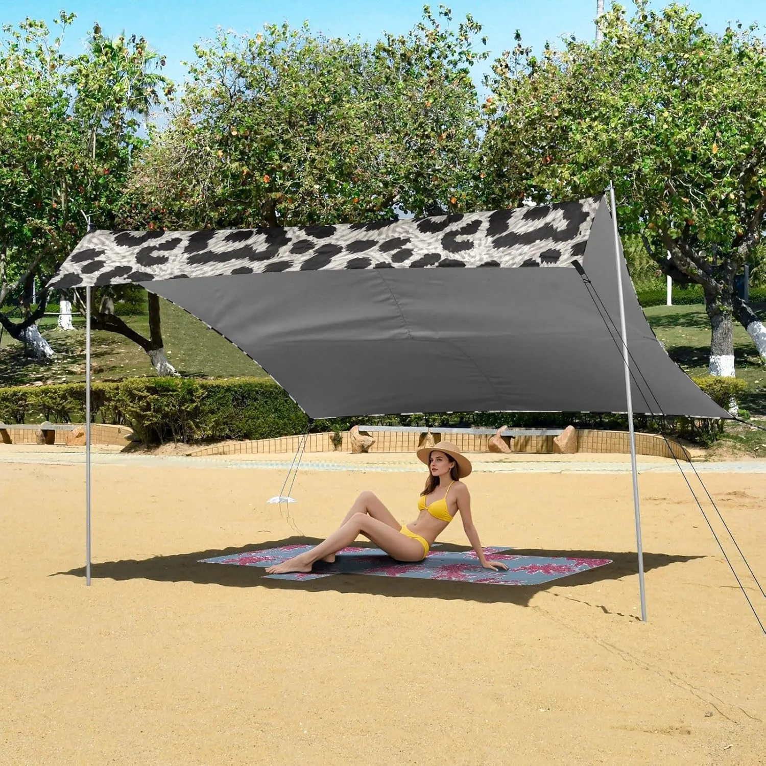 foliage ?? 10.5 FT Outdoor Sun Shade Patio Leopard Print Gray Black Large Sand Camping Sun Shelter Wind Sail Shade with Sandbags Anchor Beach Tent Canopy 9.2 