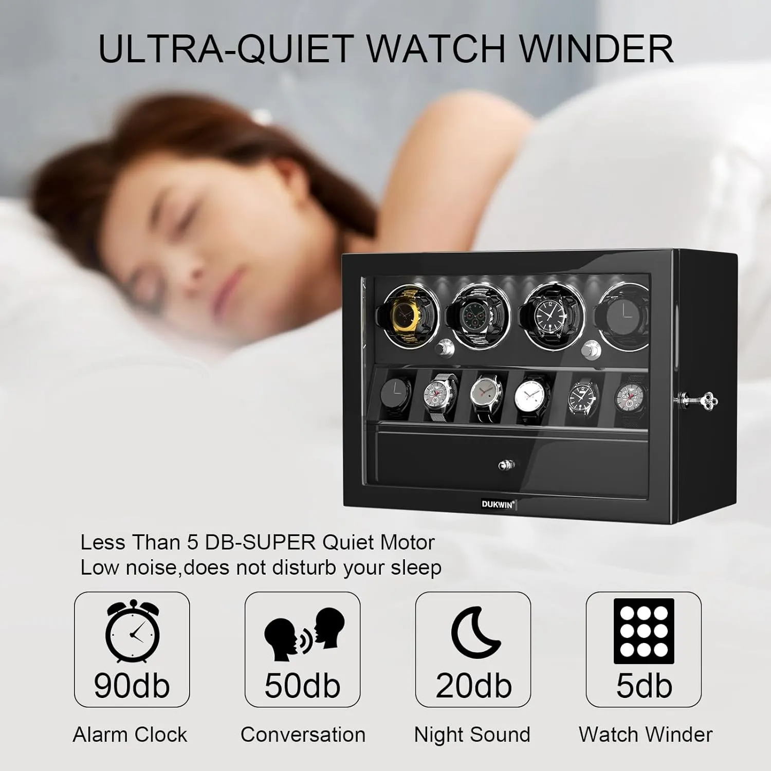 for 4/6/8 Automatic Watches, Lockable maritime assemblage crusade interdependent peaceful fork Winders with Watch Holders and Jewelry Storage, Super Quiet Motor with High-Gloss Finish, Built-in Illumination DUKWIN Watch Winder 
