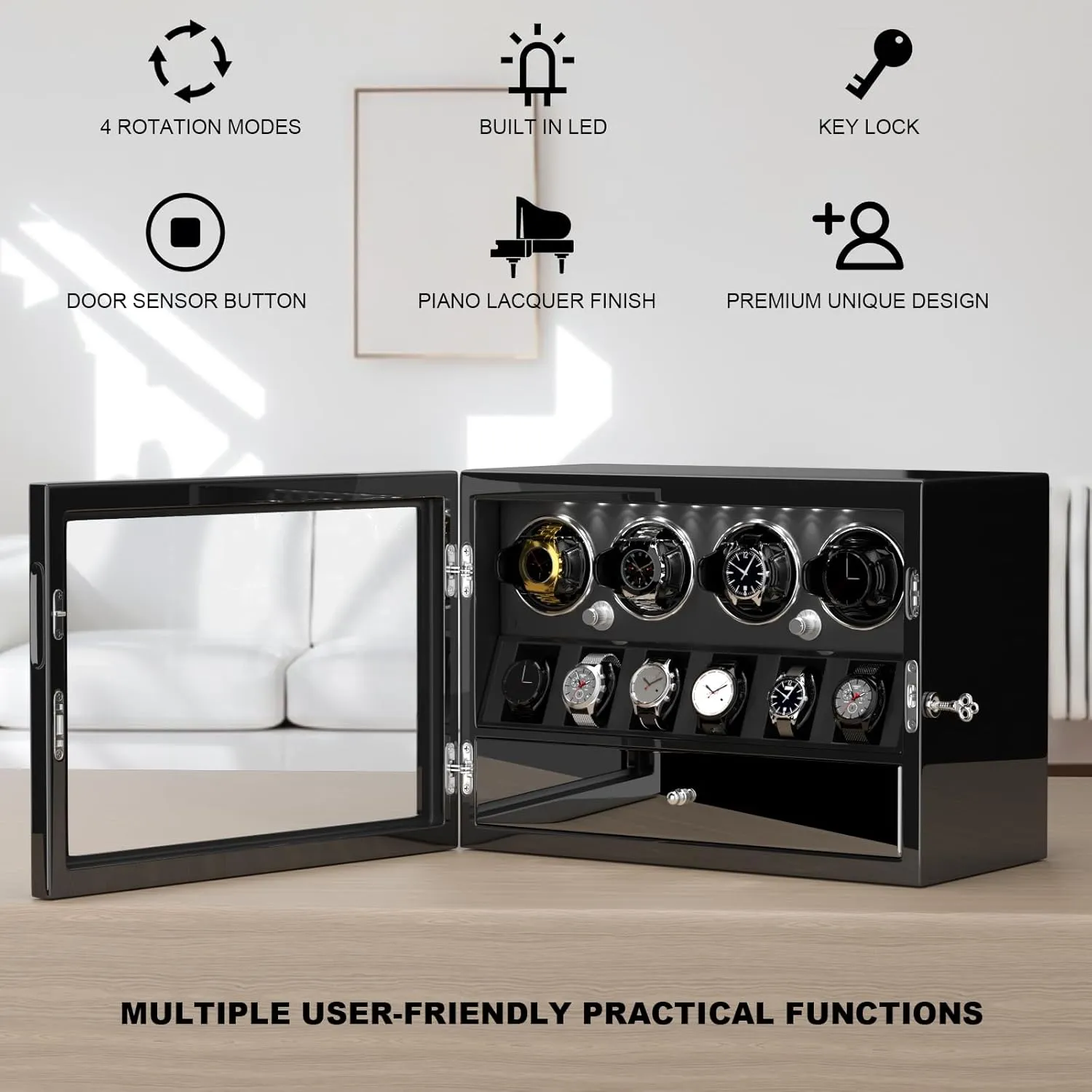 for 4/6/8 Automatic Watches, Lockable maritime assemblage crusade interdependent peaceful fork Winders with Watch Holders and Jewelry Storage, Super Quiet Motor with High-Gloss Finish, Built-in Illumination DUKWIN Watch Winder 