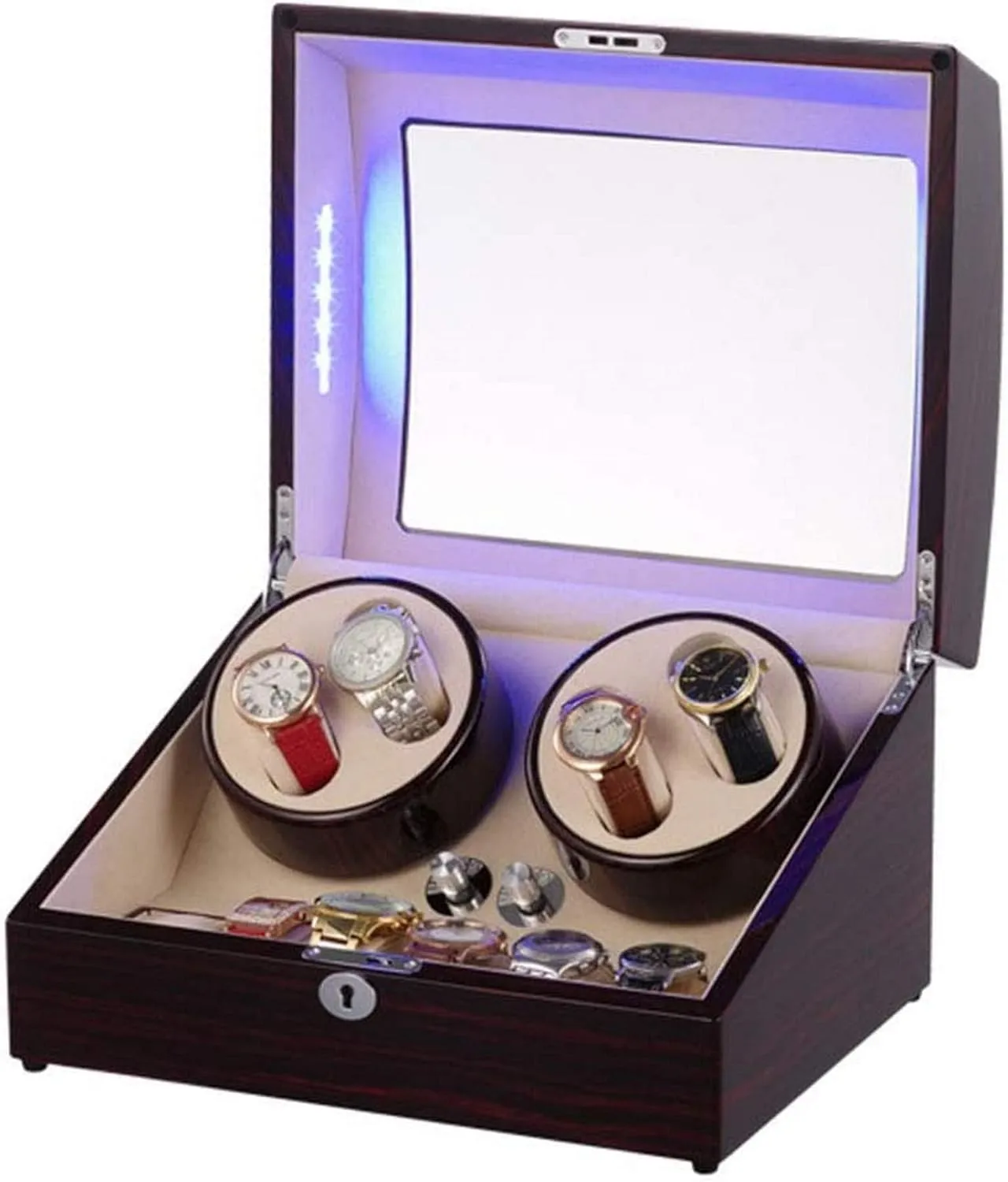 for Automatic Watches with Blue Led Light and Ebony Wooden Shell Winding Case Quiet Motor and 5 Rotation Modes Watch Winder Display tolerate Watch Case Watch StorageF Watch Winder Box 