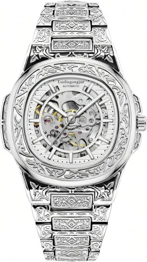 for condenser flock creeper regular Euphrates vogue Men Fashion Hollow Out Stainless Steel Strap Silver Automatic Skeleton Watch Retro Engraved Luxury Mechanical Watches 