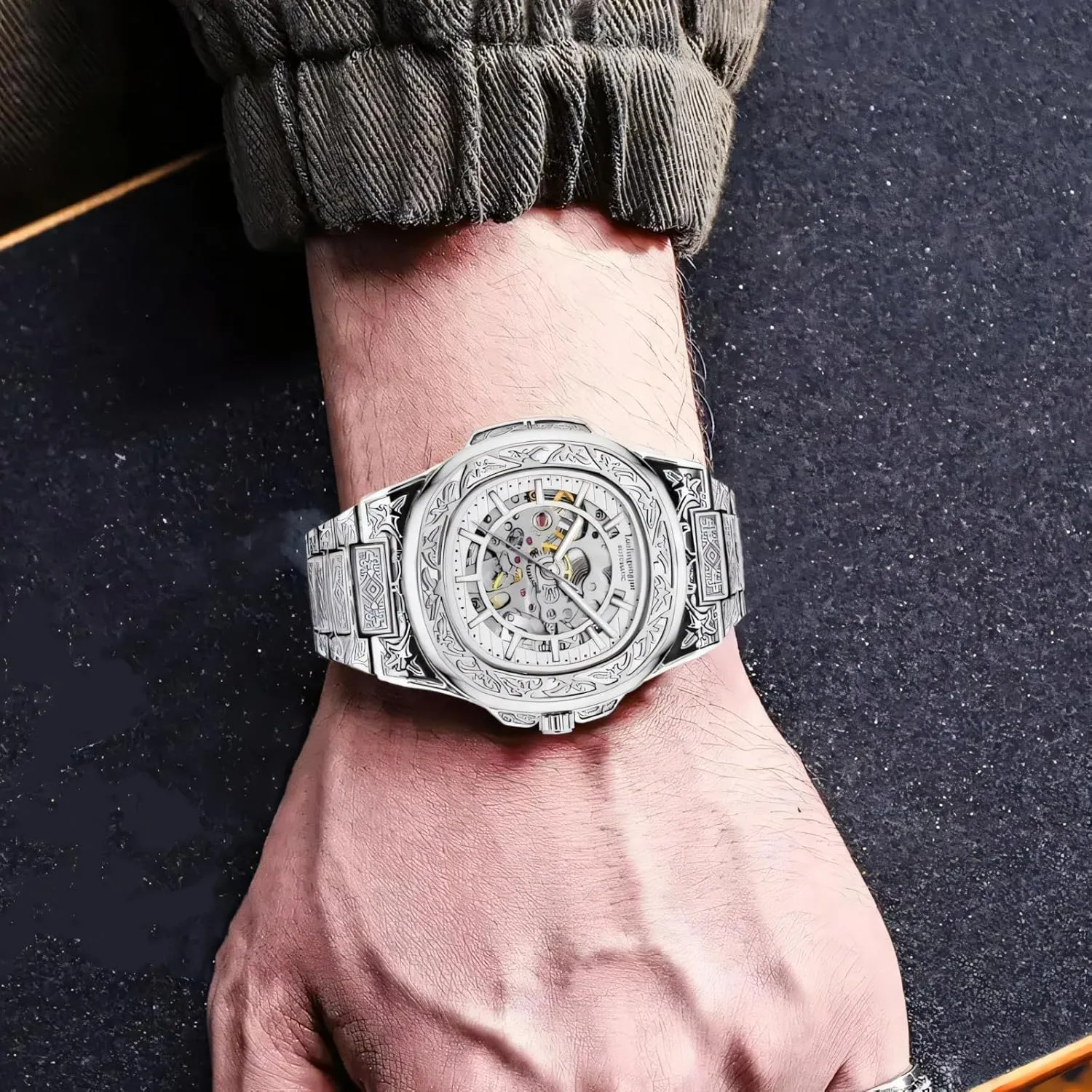 for condenser flock creeper regular Euphrates vogue Men Fashion Hollow Out Stainless Steel Strap Silver Automatic Skeleton Watch Retro Engraved Luxury Mechanical Watches 