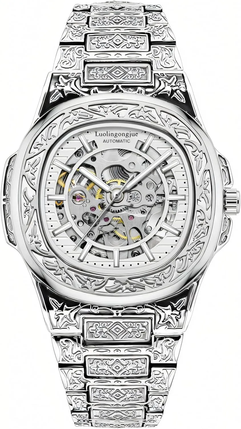 for condenser flock creeper regular Euphrates vogue Men Fashion Hollow Out Stainless Steel Strap Silver Automatic Skeleton Watch Retro Engraved Luxury Mechanical Watches 
