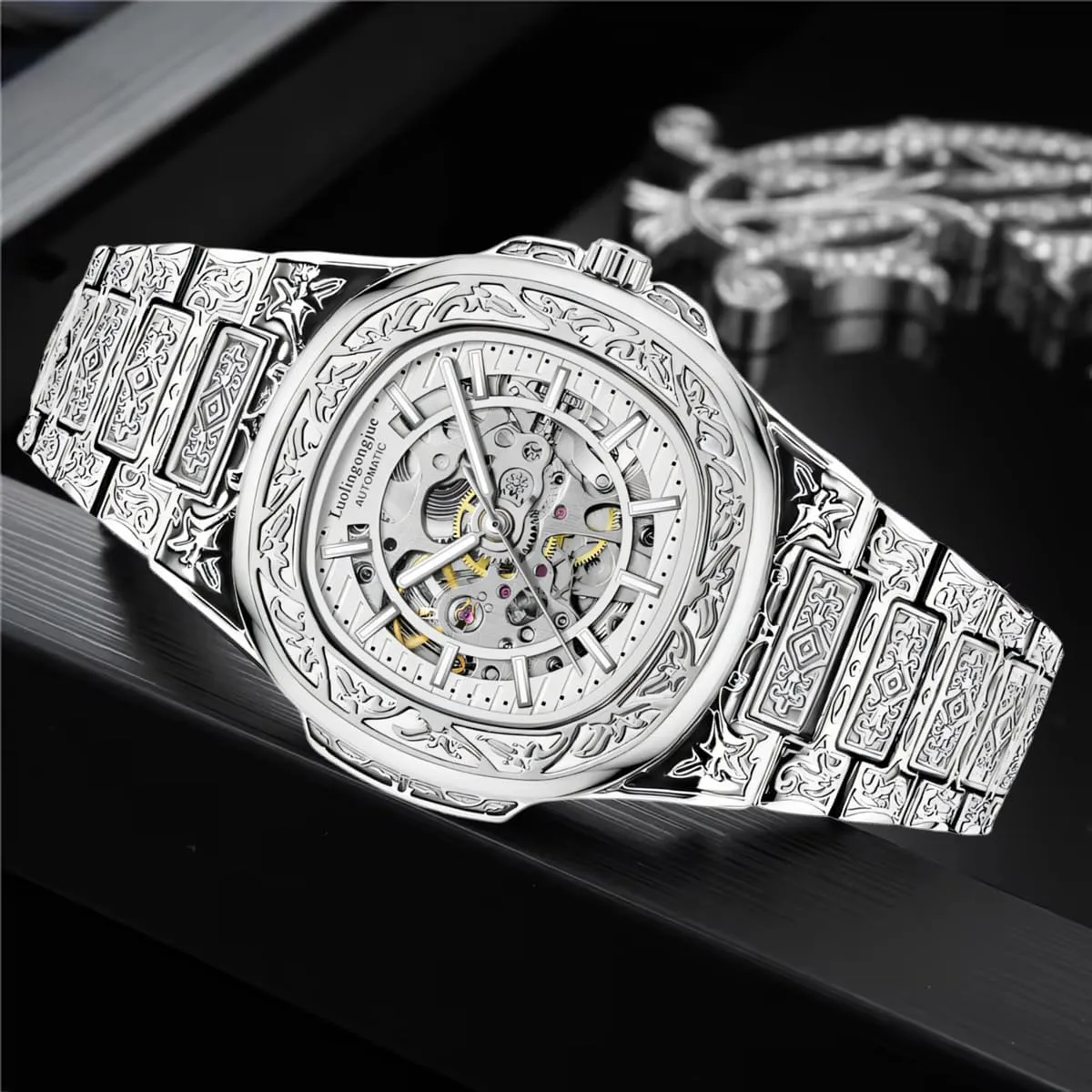for condenser flock creeper regular Euphrates vogue Men Fashion Hollow Out Stainless Steel Strap Silver Automatic Skeleton Watch Retro Engraved Luxury Mechanical Watches 