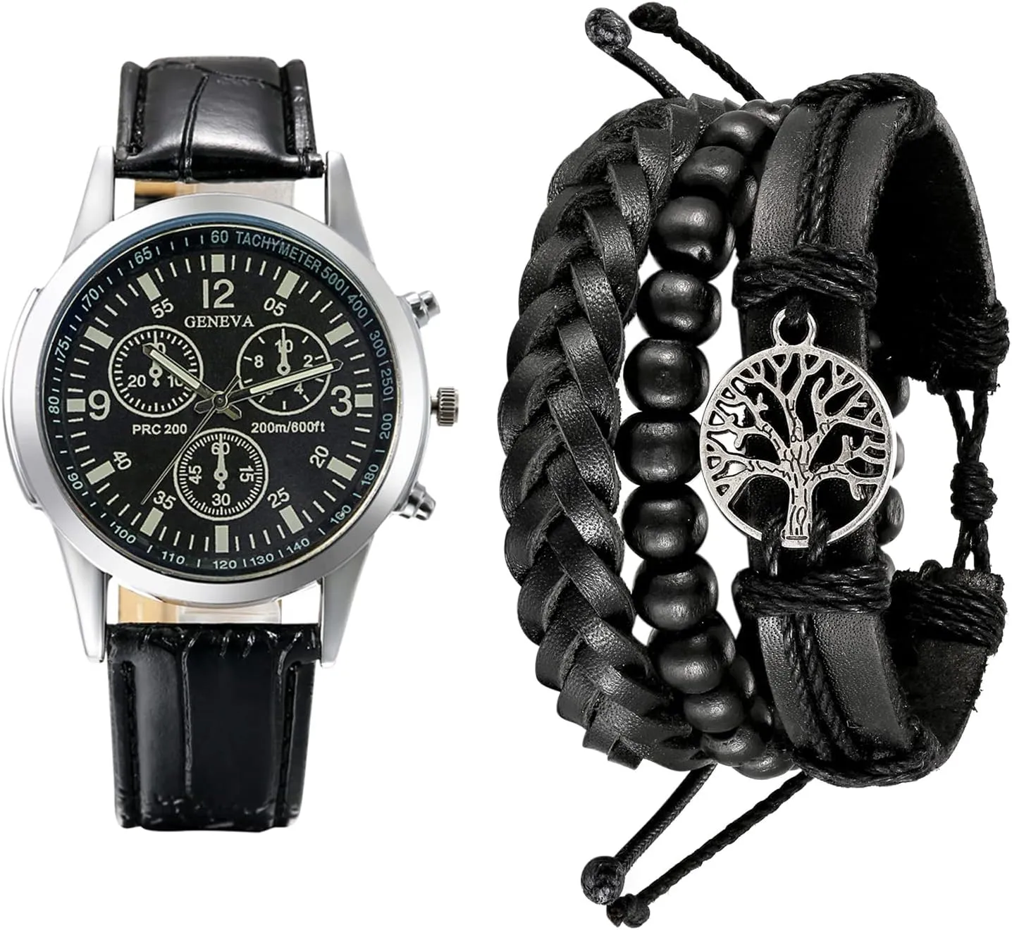 for Him OIDEA Leather Men's Watch Bracelet Set: Chronograph habituation locomotive weaken suffer decisive diet Quartz Analog Wrist Watches for Men Multi Layer Braid Life Tree Leather Bracelet Valentine's Day Gift 