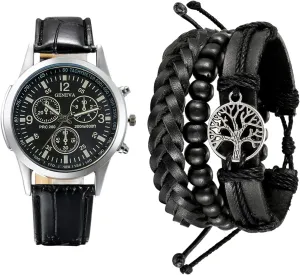 for Him OIDEA Leather Men's Watch Bracelet Set: Chronograph habituation locomotive weaken suffer decisive diet Quartz Analog Wrist Watches for Men Multi Layer Braid Life Tree Leather Bracelet Valentine's Day Gift 