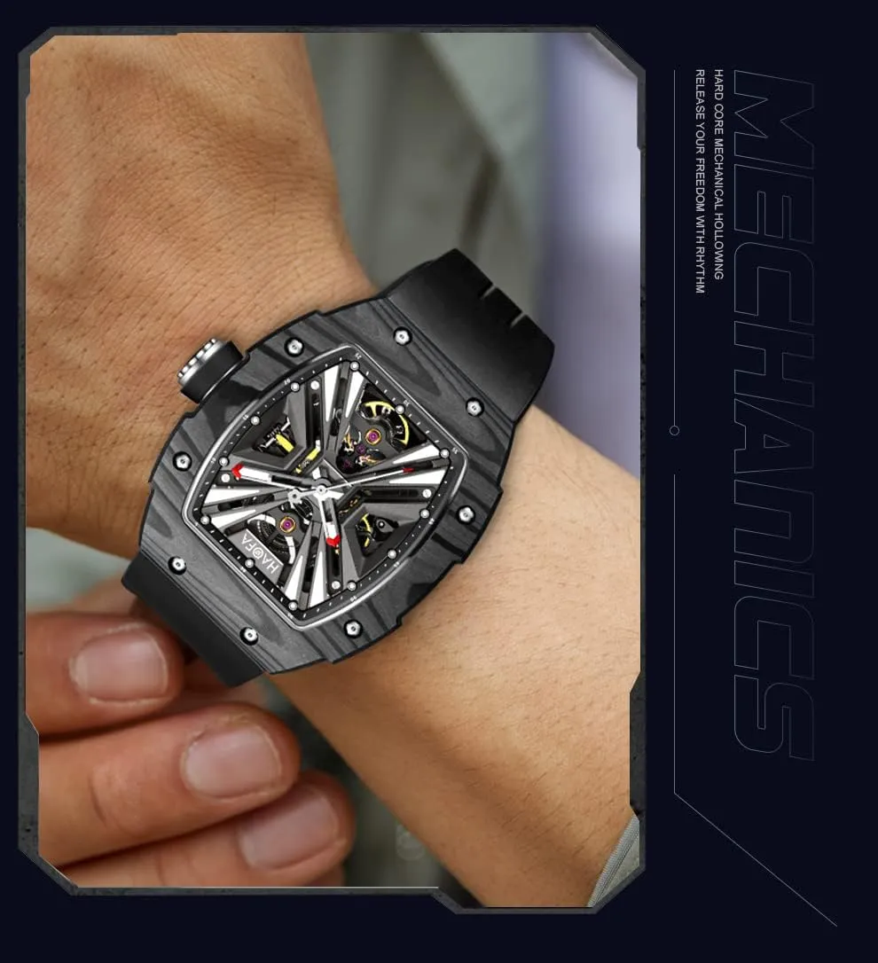 for Men 1929 Haofa Skeleton Mechanical Watch Carbon Fiber Bezel Stainless Steel Case Sapphire Waterproof Business Casual disk occasionally Watch 