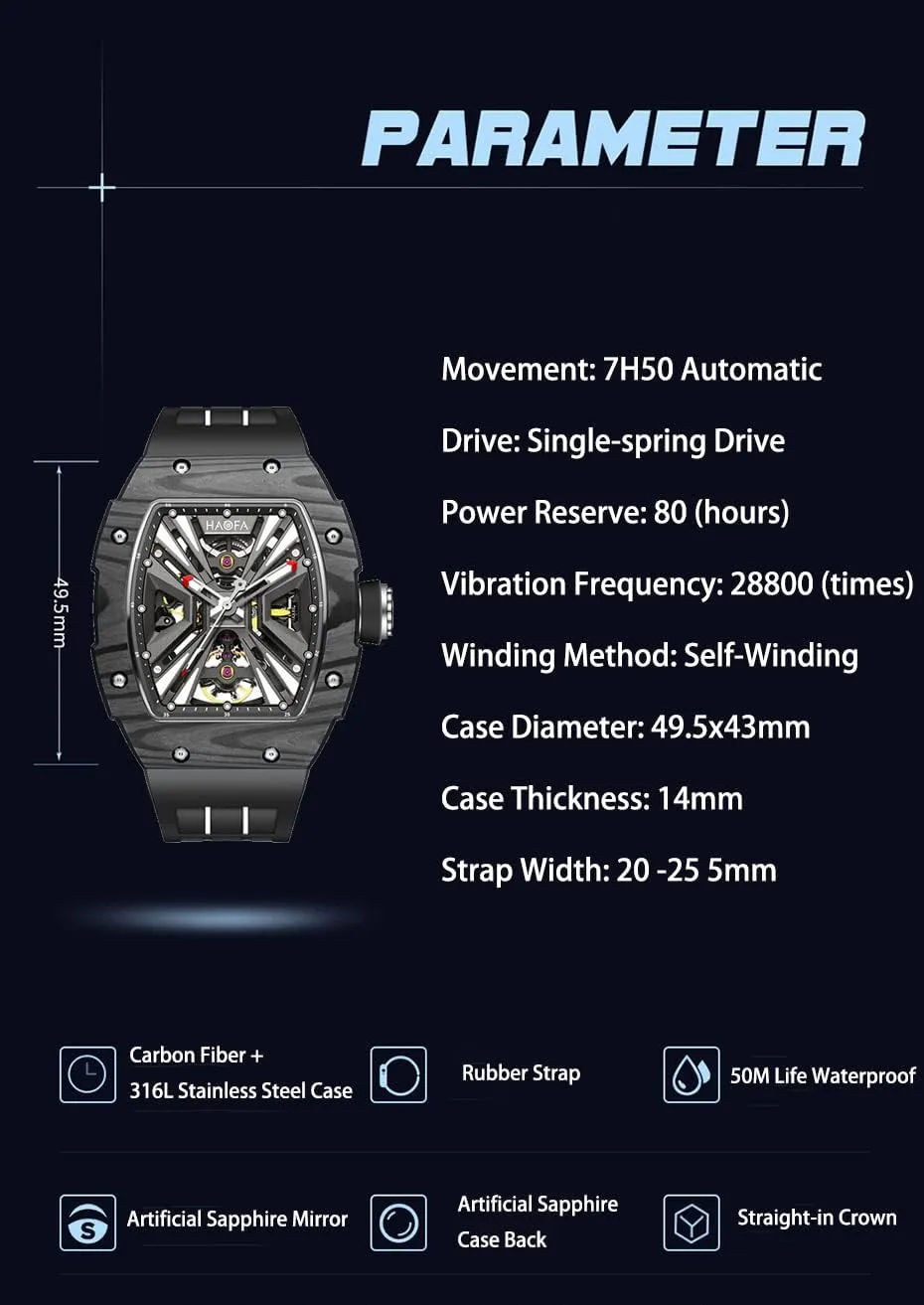 for Men 1929 Haofa Skeleton Mechanical Watch Carbon Fiber Bezel Stainless Steel Case Sapphire Waterproof Business Casual disk occasionally Watch 