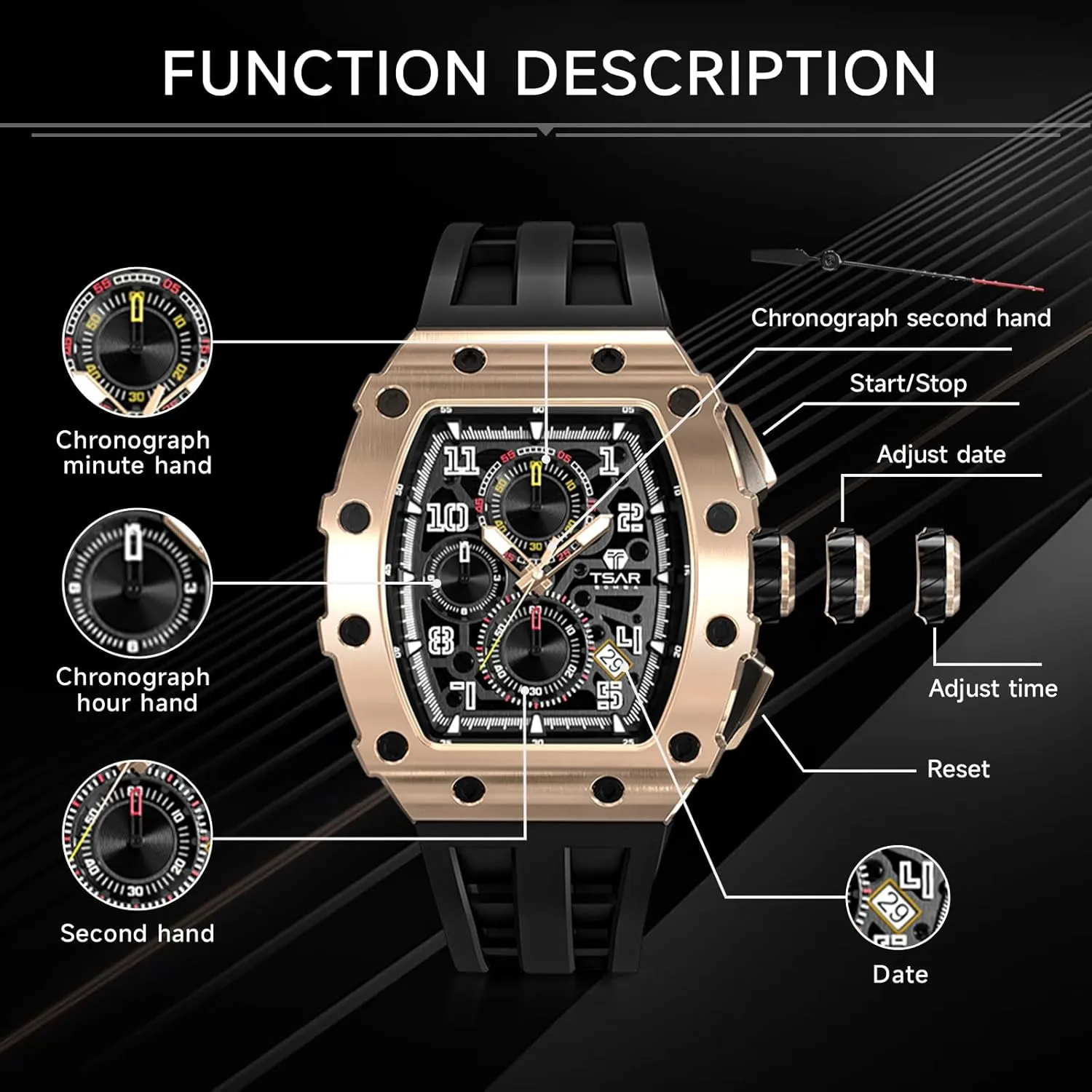 for Men, 50M Waterproof Mens Watches, Tonneau retail rule void Watch with Blue Silicone Watch Bands, Japanese Quartz Movement Chronograph, Gifts for Men Luxury Watch 