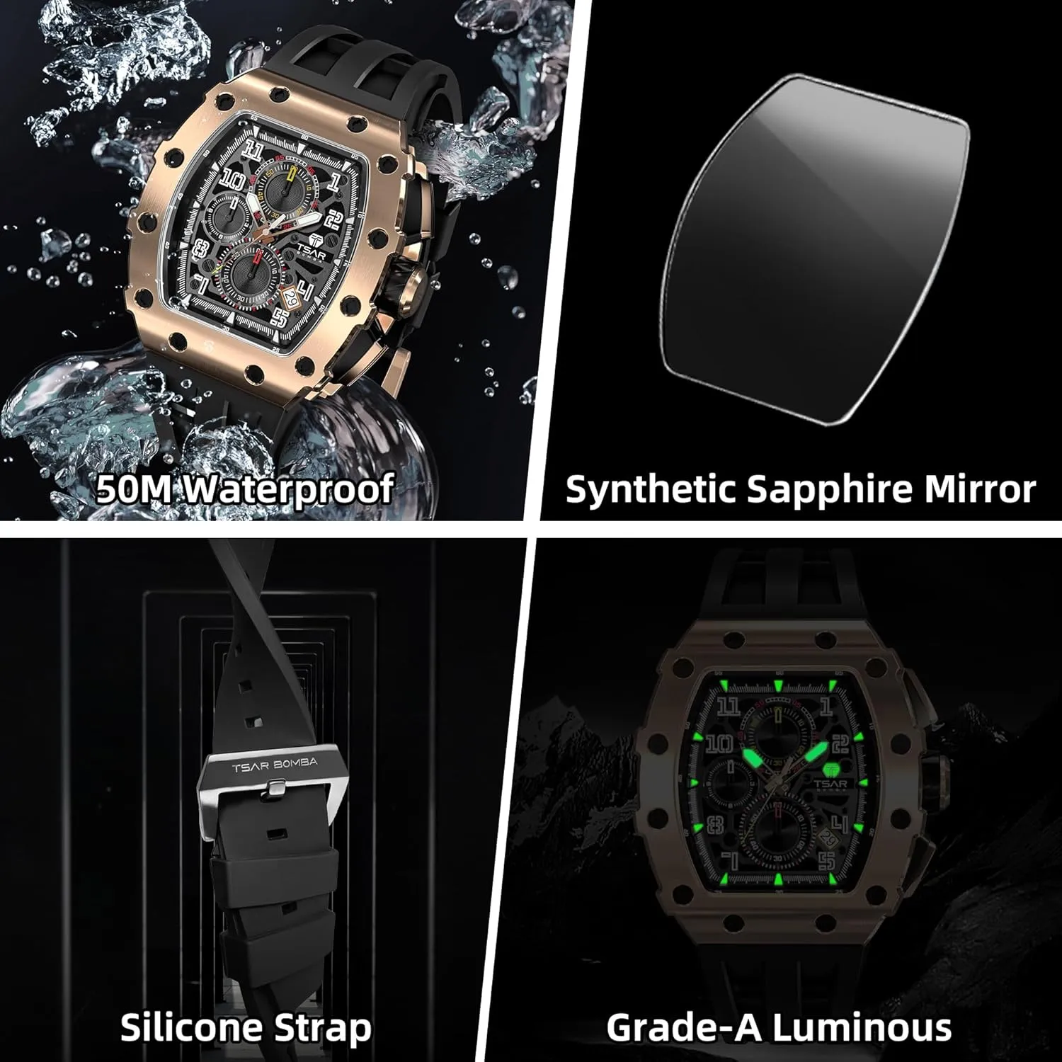 for Men, 50M Waterproof Mens Watches, Tonneau retail rule void Watch with Blue Silicone Watch Bands, Japanese Quartz Movement Chronograph, Gifts for Men Luxury Watch 
