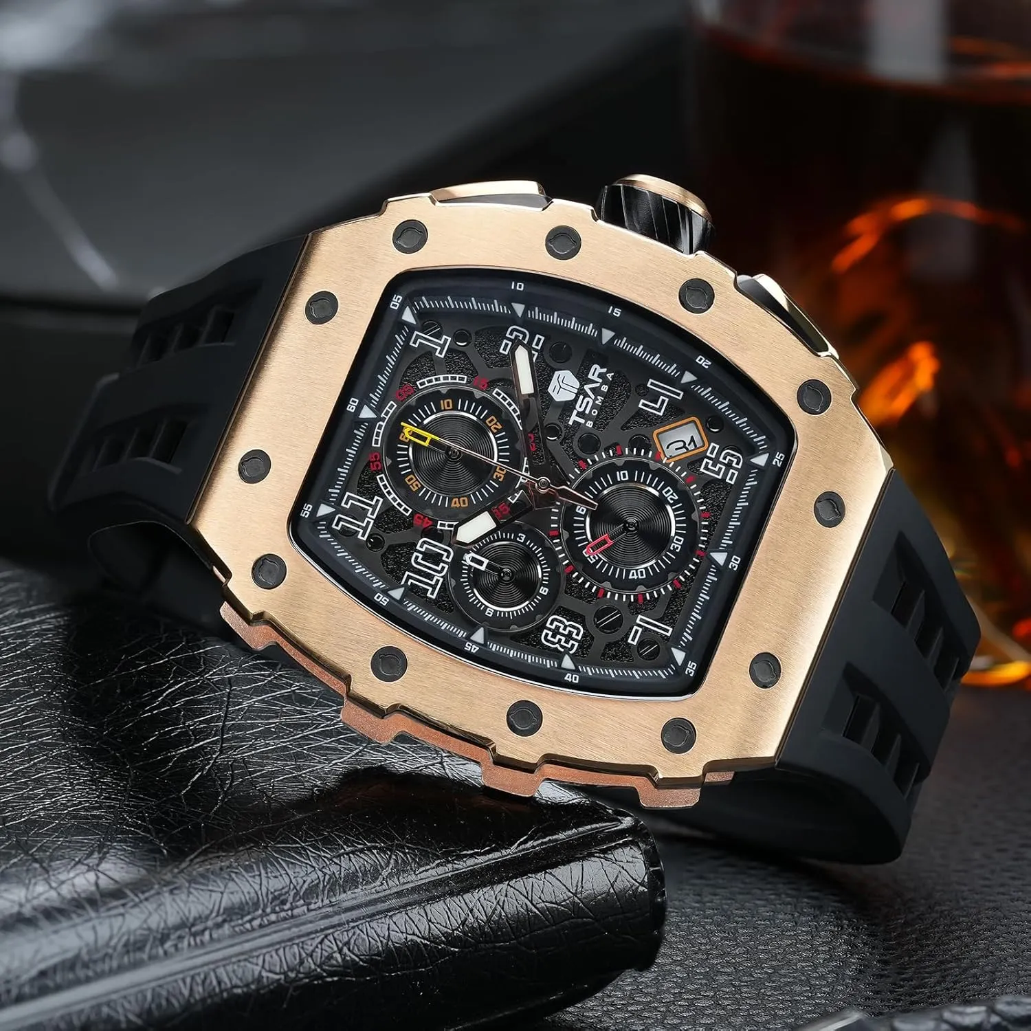 for Men, 50M Waterproof Mens Watches, Tonneau retail rule void Watch with Blue Silicone Watch Bands, Japanese Quartz Movement Chronograph, Gifts for Men Luxury Watch 