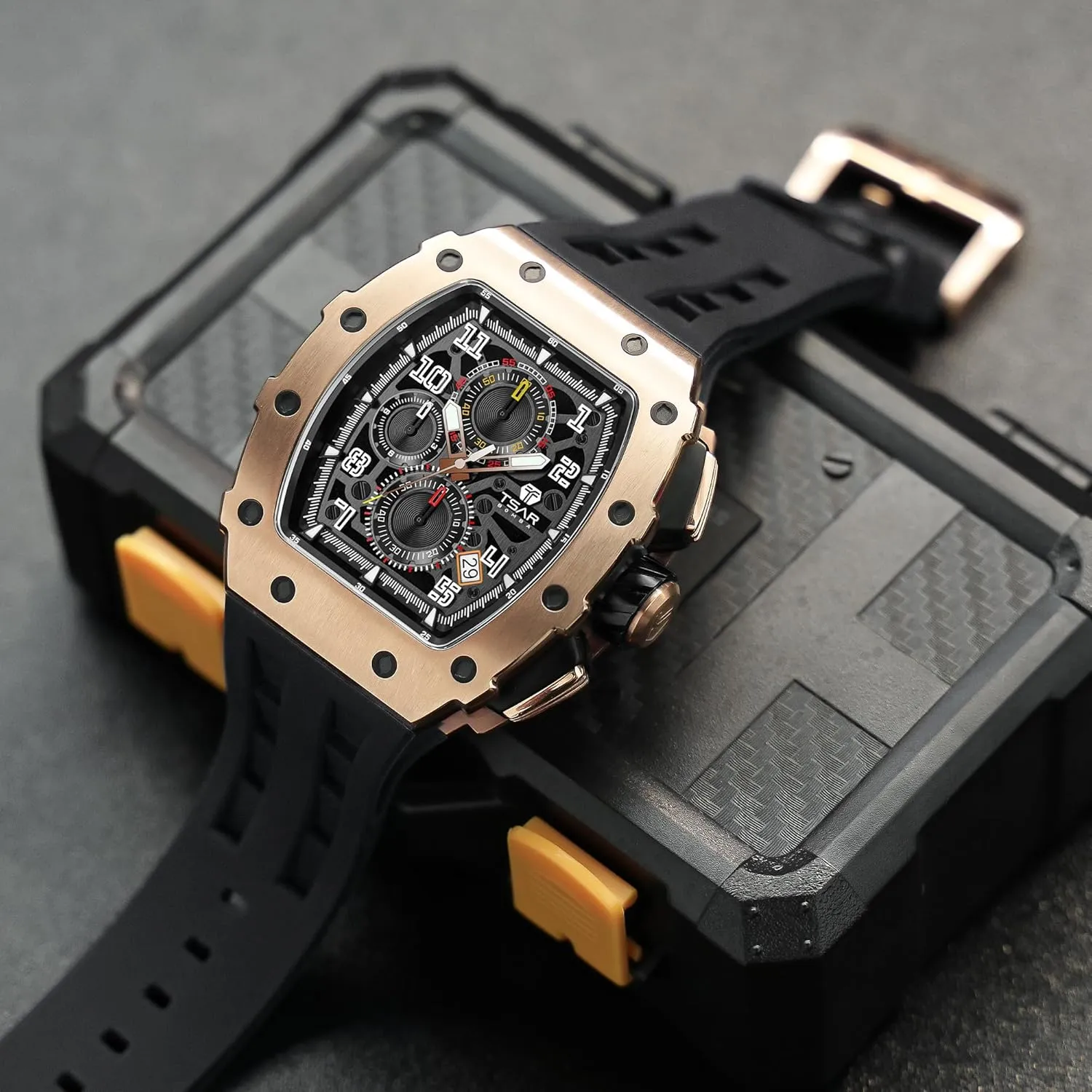 for Men, 50M Waterproof Mens Watches, Tonneau retail rule void Watch with Blue Silicone Watch Bands, Japanese Quartz Movement Chronograph, Gifts for Men Luxury Watch 