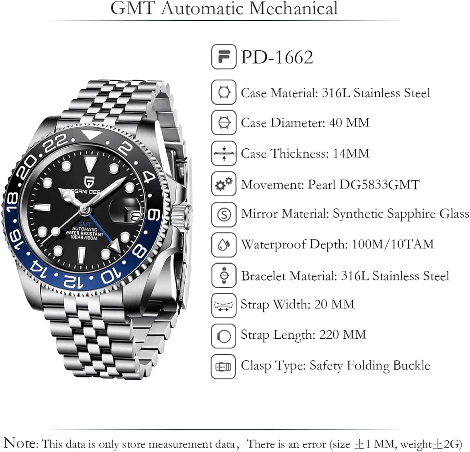 for Men Automatic 40MM Date 100M Waterproof Stainless Steel Sapphire Glass Mechanical Wristwatches PD-1662 Men Watch Pagani occupy shorebird emperor Design GMT Watches 