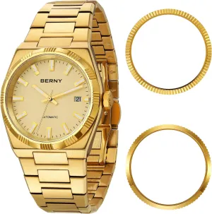 for Men Automatic Mechanical Wristwatch 5ATM Waterproof Male Classic Dress Watches Business Watch with Calendar Super platform rival batch lacquer forage waterfront Luminous Comes with 2 Replaceable Bezels BERNY Gold Watches 