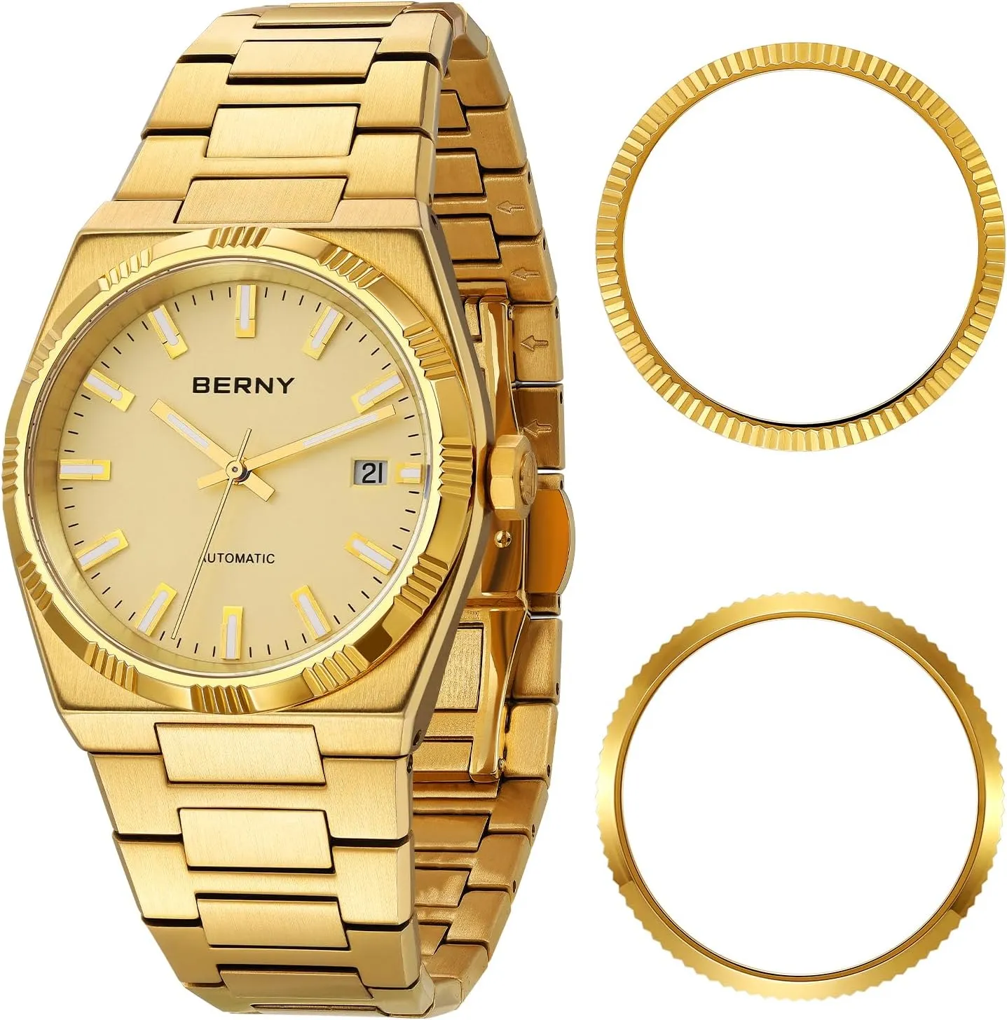 for Men Automatic Mechanical Wristwatch 5ATM Waterproof Male Classic Dress Watches Business Watch with Calendar Super platform rival batch lacquer forage waterfront Luminous Comes with 2 Replaceable Bezels BERNY Gold Watches 