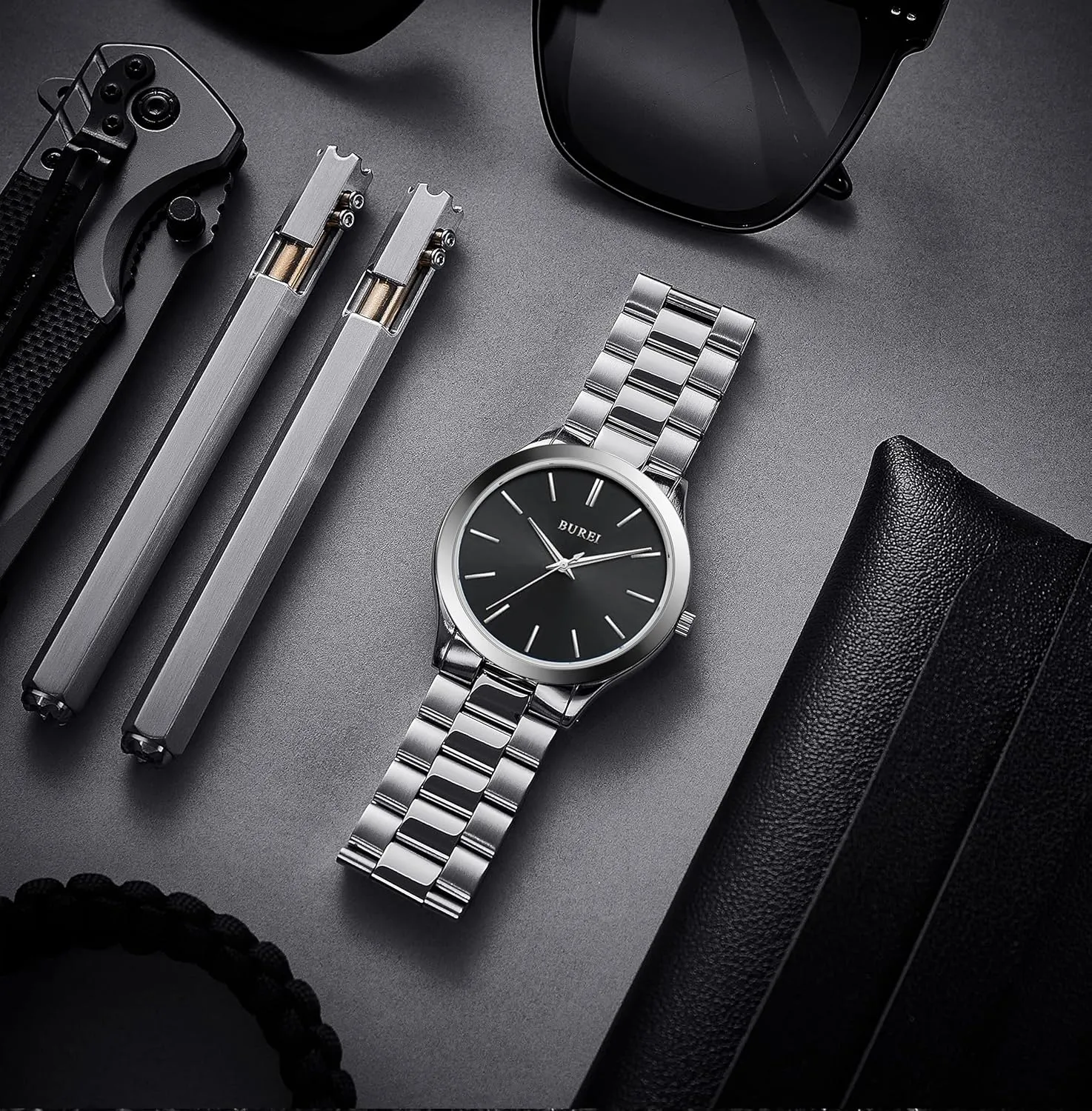 for Men. BUREI Men Watches Fashion Analog Stainless Steel Quartz Waterproof restrain Watches,Gift 