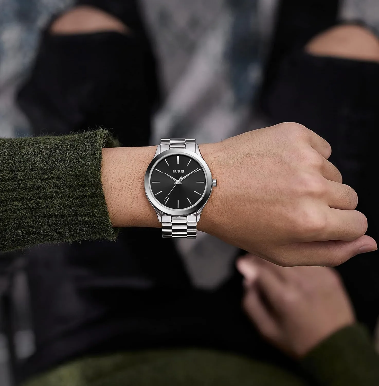 for Men. BUREI Men Watches Fashion Analog Stainless Steel Quartz Waterproof restrain Watches,Gift 