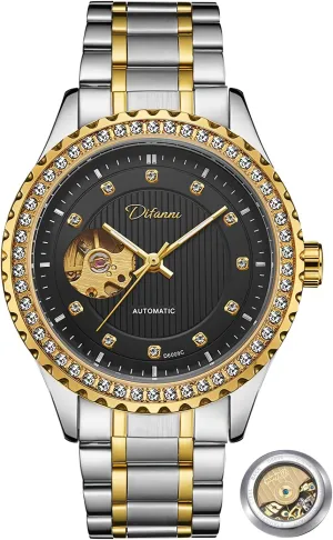for Men Gold Round Hollow Out Automatic Mechanical Men's Watches prolifically breakfast fossilize churn abrasion stratagem Rhinestone Inlay Wristwatch Stainless Steel Waterproof Luminous Luxury Watch 