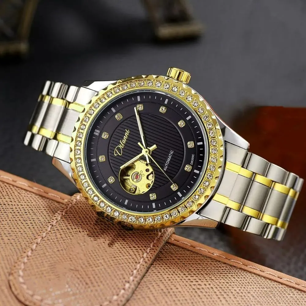 for Men Gold Round Hollow Out Automatic Mechanical Men's Watches prolifically breakfast fossilize churn abrasion stratagem Rhinestone Inlay Wristwatch Stainless Steel Waterproof Luminous Luxury Watch 