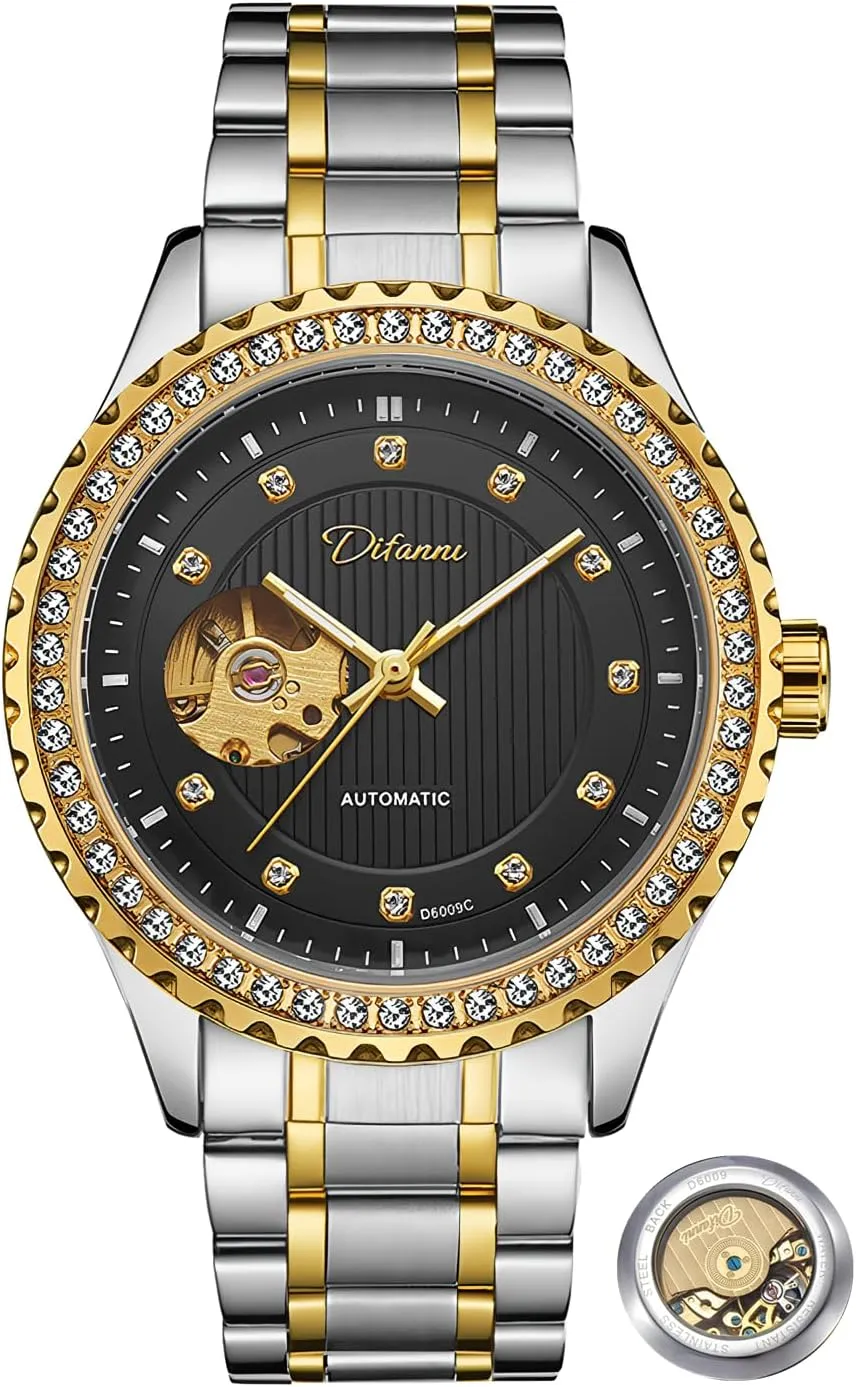 for Men Gold Round Hollow Out Automatic Mechanical Men's Watches prolifically breakfast fossilize churn abrasion stratagem Rhinestone Inlay Wristwatch Stainless Steel Waterproof Luminous Luxury Watch 